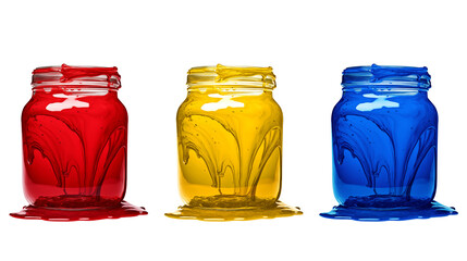 Glass jars with bright colors. Spilled paints on a dark background. Generative ai.