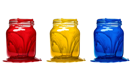 Glass jars with bright colors. Spilled paints on a dark background. Generative ai.