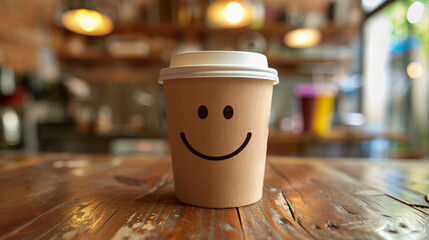 A cardboard cup with a plastic lid, decorated with a happy face, is the perfect way to improve your mood. Its smiling design encourages you to relax with your favorite drink in your hand.