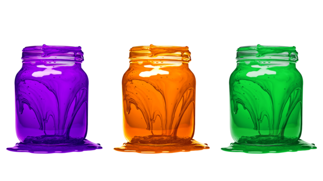 Glass jars with bright colors. Spilled paints on a dark background. Generative ai.