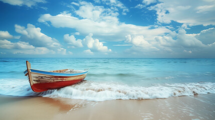 A nice boat floating on the calm surface of the blue ocean near the coast delights with its calm and pleasant image.