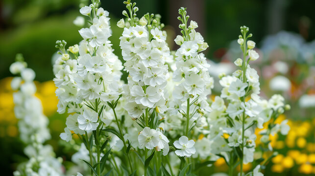 Blooming white Matthiola incana in flower beds is an image of natural elegance. Their delicate flowers, with a pleasant scent, create a romantic atmosphere and bring a spring breeze to the garden.