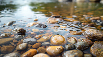 A close-up of the fine, rounded pebbles on the riverbank offers a refined background full of subtle details. Stones of different shades and sizes combine into a coherent whole.