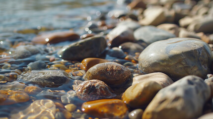 Obraz premium A close-up of the fine, rounded pebbles on the riverbank offers a refined background full of subtle details. Stones of different shades and sizes combine into a coherent whole.