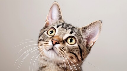 Fototapeta premium A cat with a yellow eye stares at the camera. The cat's fur is striped and it has a long, fluffy tail. The cat's expression is intense and curious, as if it is trying to understand what is happening
