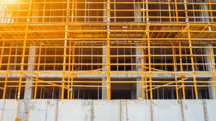 High-rise building under construction, intricate architectural details visible, a bustling development site with workers and machinery in action