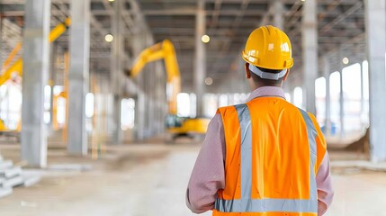 Large-scale construction site of a commercial building, showcasing advanced architectural planning, heavy machinery, and development progress
