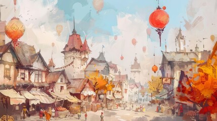 An enchanted village market where vendors sell magical items like potions enchanted fruits and flying carpets with whimsical creatures and townsfolk bustling about under a sky filled with floating lan