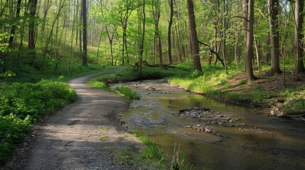 A peaceful stream winding through a wooded area creating the ideal setting for a relaxing nature walk or a scenic bike ride..
