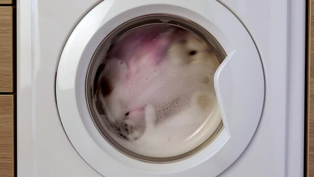 Close-up a washing machine with foam washes many dirty children's toys.