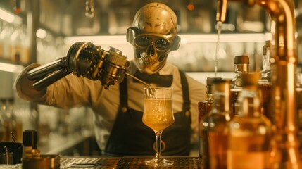 A steampunkthemed distillery with intricate copper machinery where a bartender with mechanical limbs pours an iridescent bubbling cocktail into a glass surrounded by an array of whimsical glowing bott