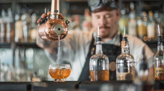 A steampunkthemed distillery with intricate copper machinery where a bartender with mechanical limbs pours an iridescent bubbling cocktail into a glass surrounded by an array of whimsical glowing bott