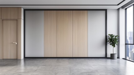Modern partition wall in an office setting, sleek design with subtle textures, creating a stylish and functional barrier between spaces