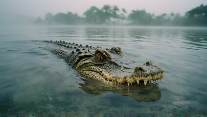 Fototapeta premium A cute crocodile swimming in the ocean, Portra 400, wide-angle shot, majestic fog