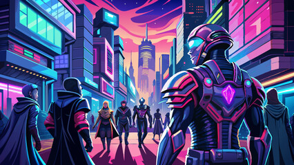 Fototapeta premium Futuristic Cityscape with Cybernetic Characters at Dusk