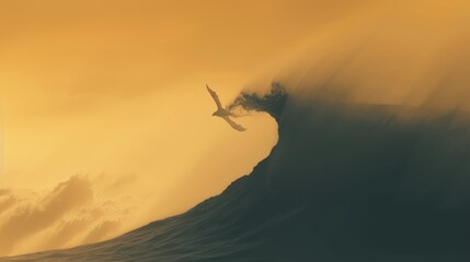 A fantastical scene of a dragon and a surfer riding a colossal wave together at sunset the dragons wings slicing through the air and the surfer carving through the water both exuding power and grace