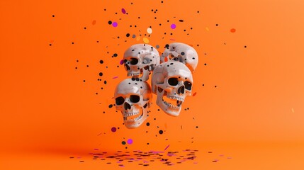 different skulls stacked on each other, levitating with black and purple confetti on an orange solid color background