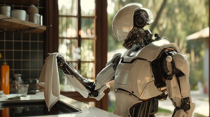 Housewife robot operating in the kitchen.Android robot assistant in the kitchen washes dishes. The concept of an ideal technological future