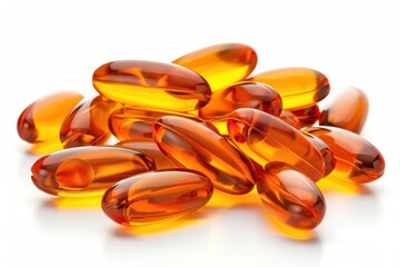 An omega3 supplements, fish oil capsules, isolated on white background, cholesterol management and heart health concept.