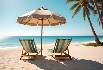 A wooden beach umbrella and two lounge chairs on a sandy beach with a calm, turquoise ocean in the background


