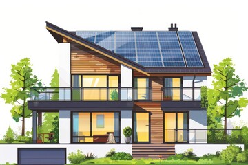 Fototapeta premium household energy consumption with solar panels, modern design, sustainable power, vector art, isolated on white background