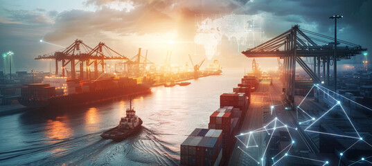 A cargo ship navigates a busy port at sunset with cranes and other vessels in the background. A digital map overlays, illustrating global trade links