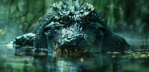Crocodile lurking in the murky waters of a swamp, animal, stealthy and menacing