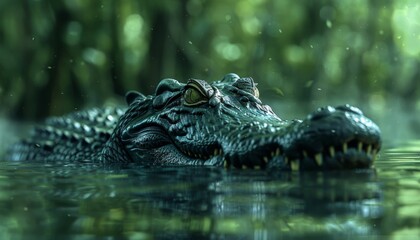 Crocodile lurking in the murky waters of a swamp, animal, stealthy and menacing