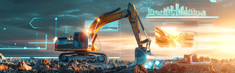 A powerful excavator works in an open rock field, surrounded by glowing digital displays that visualize its performance and energy efficiency