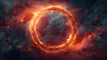 Obraz premium Striking digital artwork featuring a mesmerizing ring of fire composed of red and orange flames, swirling and intertwining to form a perfect circle against a dark background. The vibrant flames create