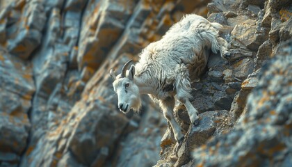 Fototapeta premium Mountain goat climbing a steep rocky cliff animal