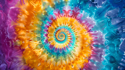 Vibrant and psychedelic image featuring a mesmerizing spiral pattern created using tie-dye techniques. Originating from the center, the spiral radiates outward in a dazzling array of colors including 