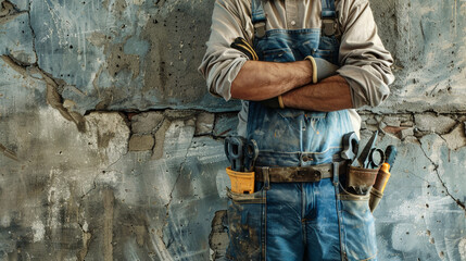 Fototapeta premium A worker stands with arms crossed against a worn, grey concrete wall, their tool belt hanging by their side
