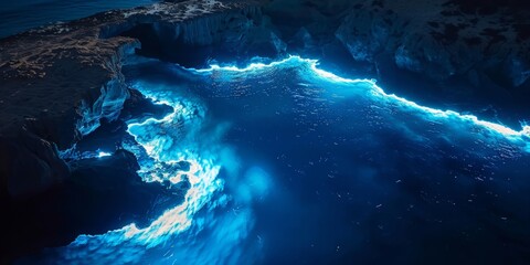 Obraz premium Stock photo, breathtaking aerial view of a bioluminescent bay at night, glowing with blue light