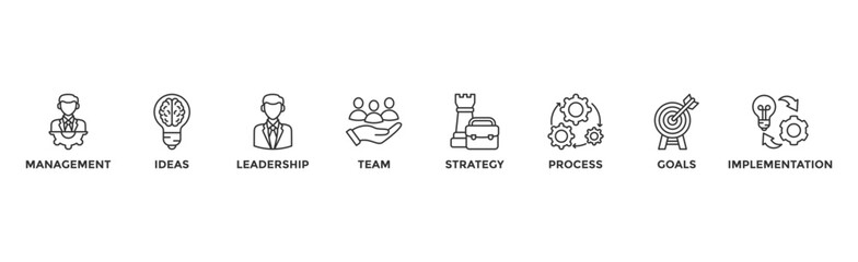 Business banner web icon vector illustration concept with icon of management, ideas, leadership, team, strategy, process, goals, and implementation