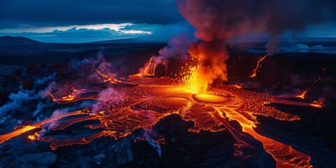 aerial view of a volcanic eruption spewing lava into the night sky