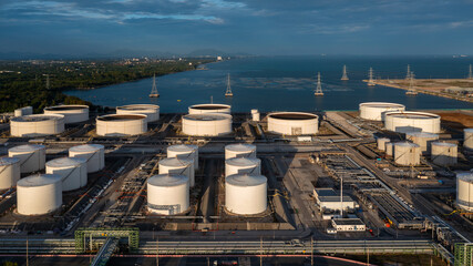 Aerial view oil and gas depot industrial facility for storage logistic petrochemical product, Crude...