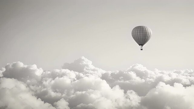 Against a pale blue sky the outline of a hot air balloon glides gracefully amid the clouds. Black and white art