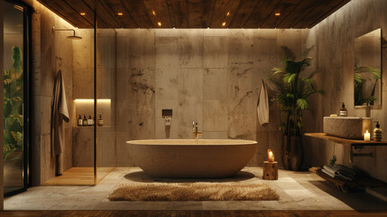 Luxury Bathroom with Textured Tiles and Wood Elements