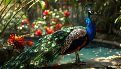 Peacock displaying its colorful feathers in a garden © jamrut
