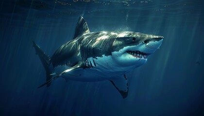 Great white shark gliding through deep blue waters, animal, powerful