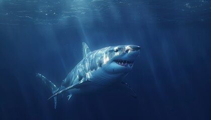 Fototapeta premium Great white shark gliding through deep blue waters, animal, powerful