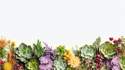 Arrangement of various colored succulents in the house on a white background V3