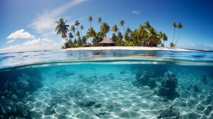 Tranquil seascape  azure ocean, foamy waves, lone island adorned with lush palm trees