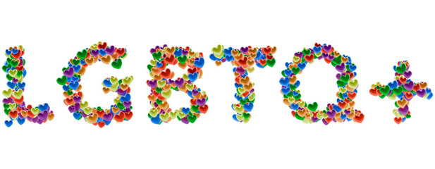 Inclusive LGBTQ+ text PNG transparent made of colorful pride hearts isolated