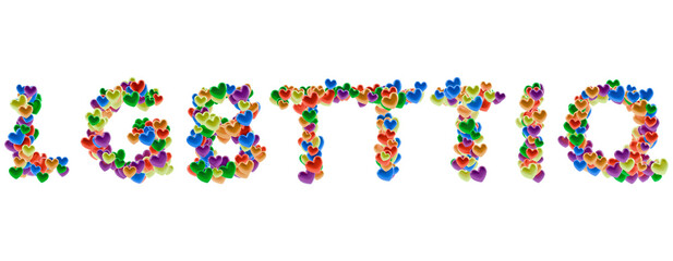LGBTTTIQ letters text PNG transparent made of colorful pride hearts isolated