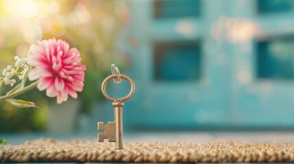 A key placed on a doormat in front of a residential door, symbolizing the concept of homeownership and access.