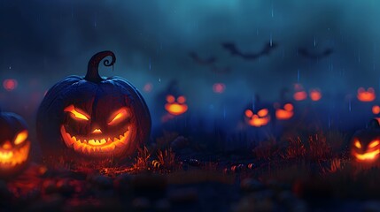 Naklejka premium night hallowen scene with blue cloud and scary pumpkin background