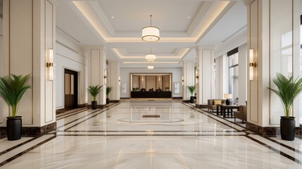 Fototapeta premium A luxurious hotel lobby with a concierge assisting a guest, intricate marble flooring, plush seating, and elegant lighting enhancing the ambiance