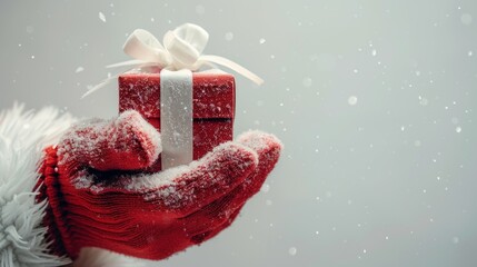 Red Gift Box in Snowy Santa Gloved Hand, Christmas Cheer in Winter Wonderland